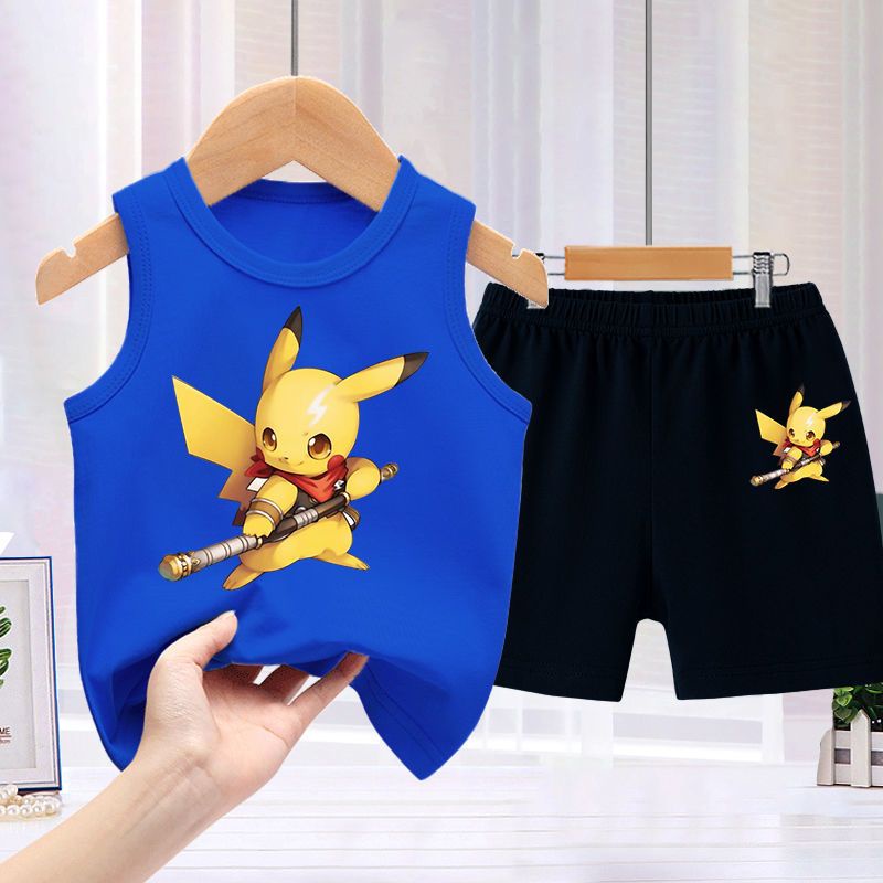 ชุดเสื้อสูทแขนสั้น กางเกงขาสั้น ลายโปเกม่อน ปิกาจู ระบายอากาศ สองชิ้น แฟชั่นฤดูร้อน สําหรับเด็ก