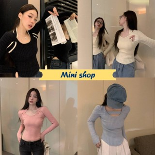 Mini shop🌸พร้อมส่ง🌸 (C595) เสื้อไหมพรมแขนยาว ดีเทลสายด้านหน้า ใส่ได้2แบบเท่สุดๆ