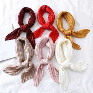 Bandana ผ้าพันคอ ผ้าซาติน จับจีบ ขนาดเล็ก 70 ซม. สีพื้น