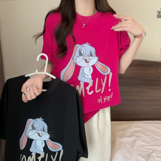 ใหม่ เสื้อยืด คอกลม แขนสั้น พิมพ์ลายกระต่าย ทรงหลวม แฟชั่นฤดูร้อน สําหรับผู้หญิง