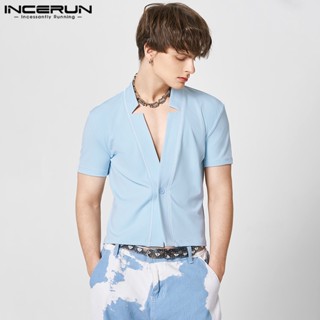 Incerun เสื้อเชิ้ต คอวี แขนสั้น สีตัดกัน สดใส