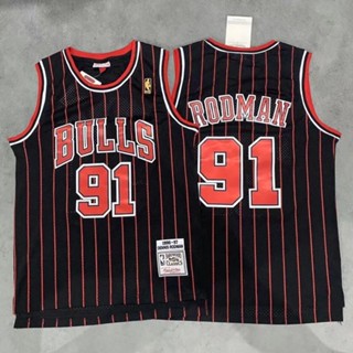 ลดกระหน่ํา คันเบ็ดบัก เบอร์ใหญ่ เสื้อกีฬาบาสเก็ตบอล ปักลาย NBA 91 Bull สีดํา สีแดง สไตล์เรโทร 640181