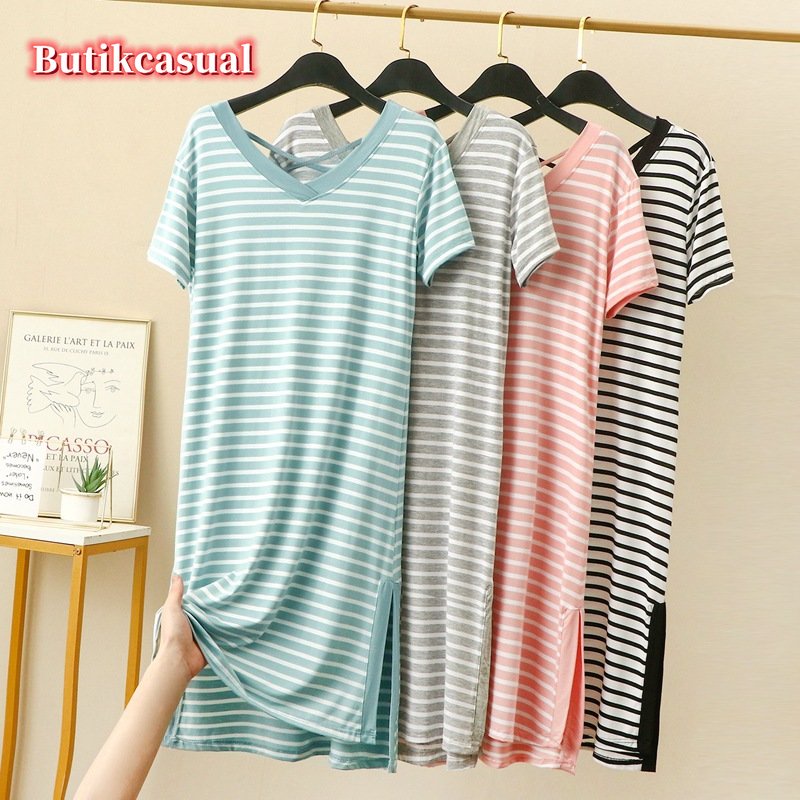 ผู้หญิง Modal Cotton striped dress หลวมธรรมดาชุด Loungewear V คอ 2025 ฤดูร้อน midi ชุด ราคา ถูกที่สุด ดีลบีเคเค แกลเลอรีภาพที่ 2