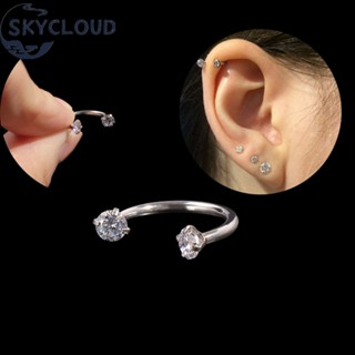 Skycloud 1pc Korean S925 Silver Two Rhinestone Semicircle Screw Earring for Women Men Cool Sparkling Crystal Cartilage Earring Unisex Pub Party Fashion Ear Jewelry Accessories