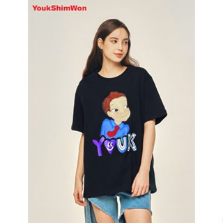 Youk SHIM WON/LU XINYUAN SPRING/SUMMER ใหม่ เสื้อยืดลําลอง ผ้าฝ้าย แขนสั้น พิมพ์ลาย ทรงหลวม สีขาว สําหรับสตรี