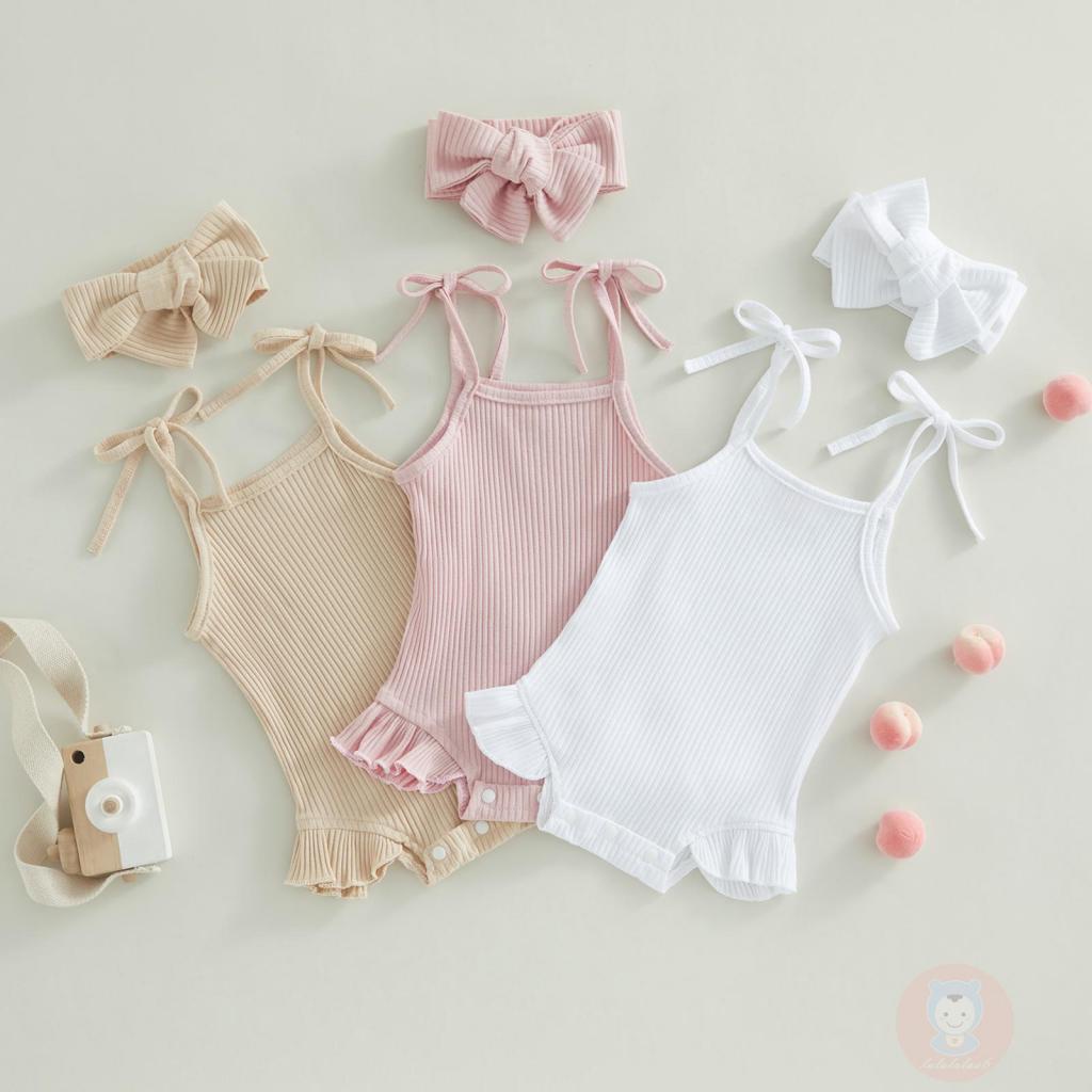 Laa6-ทารกหญิงสีทึบถัก Ribbed Tie-Up Spaghetti สายรัดแขนกุด Ruffles บอดี้สูทแถบคาดศีรษะ