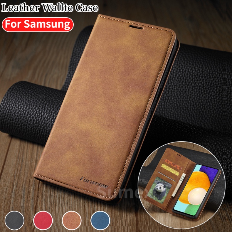 เคสโทรศัพท์มือถือหนัง ฝาพับแม่เหล็ก กันกระแทก พร้อมช่องใส่บัตร สีพื้น สําหรับ Samsung Galaxy A14 A34 A54 A13 A23 A33 A53 A73 A04 A04e A04S A14 M23 5G