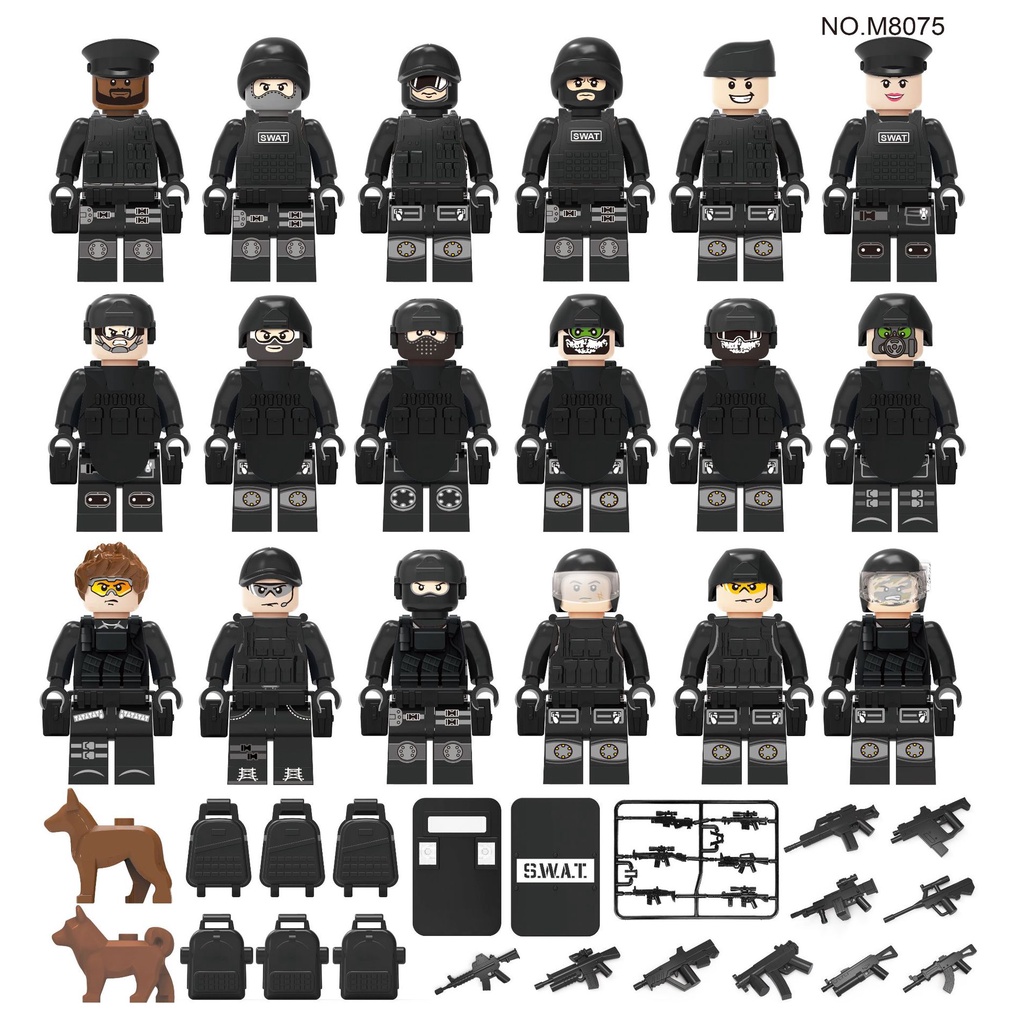 Swat โมเดลฟิกเกอร์ตํารวจ กองกําลังพิเศษ ขนาดเล็ก สีดํา 18 ชิ้น ต่อชุด