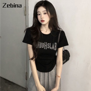 Zebina แขนสั้นคอกลมพิมพ์ตัวอักษรอเมริกันเสื้อยืดสาวร้อนคอกลมสั้นเข้ารูปลมขี้เกียจด้านบนผู้หญิง