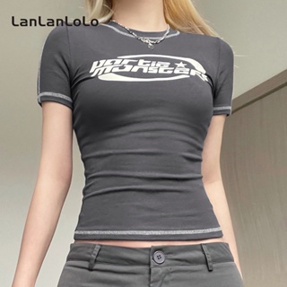 Lanlanlolo เสื้อยืดลําลอง แขนสั้น คอกลม ทรงสลิม พิมพ์ลาย สําหรับสตรี 2023