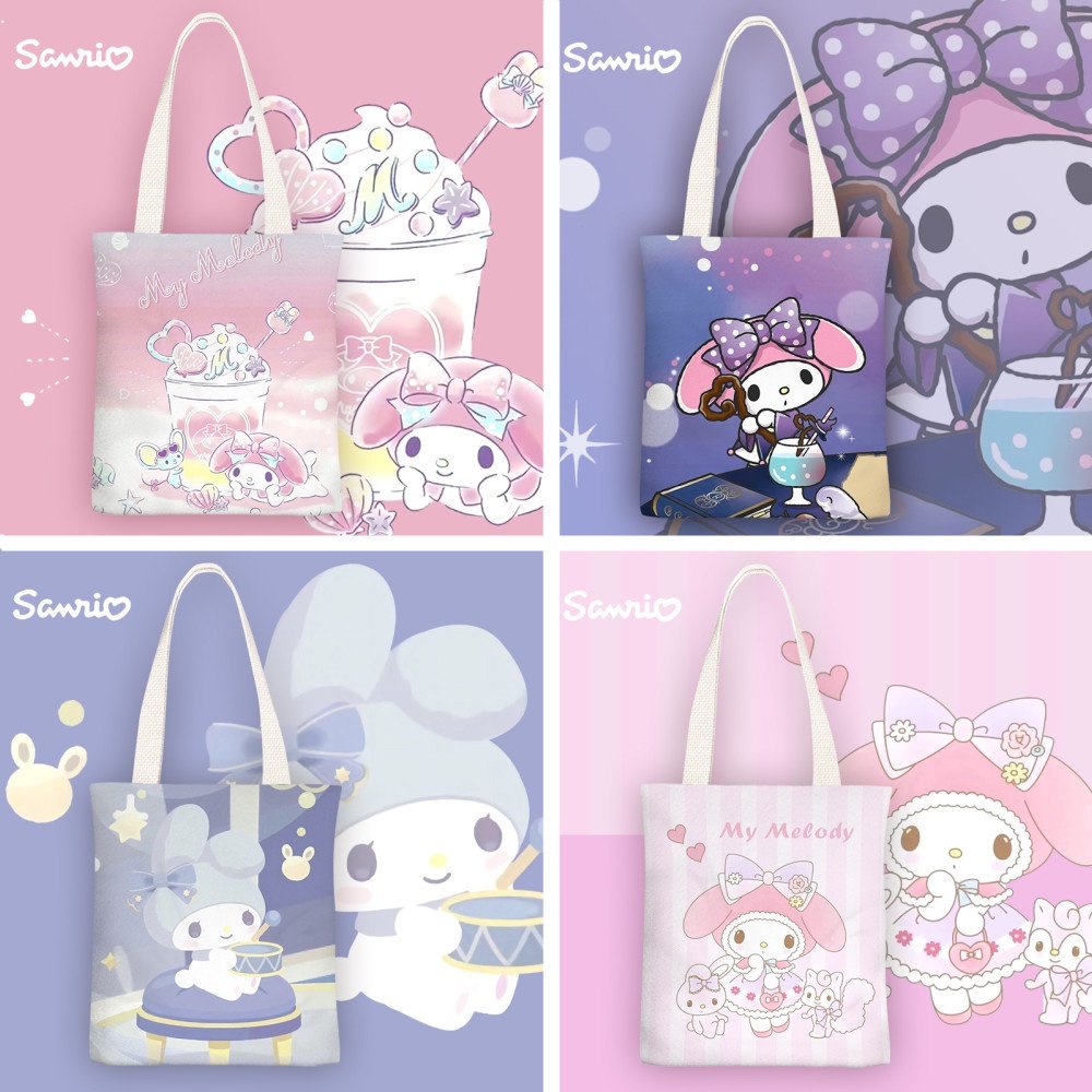 Sanrio Family My Melody กระเป๋าโท้ทผ้าแคนวาสการ์ตูนน่ารักความจุขนาดใหญ่กระเป๋าสะพายไหล่ลําลอง