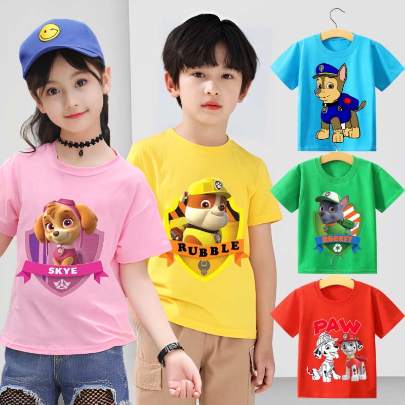 Paw Patrol เสื้อยืดแขนสั้น ผ้าฝ้าย พิมพ์ลายการ์ตูนอนิเมะน่ารัก แฟชั่นฤดูร้อน สําหรับเด็ก