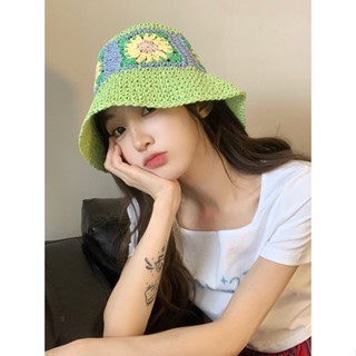 หมวกฟางสาน แฮนด์เมด ลายดอกไม้ สไตล์เกาหลี แฟชั่นฤดูร้อน สําหรับผู้หญิง