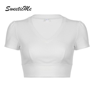 Sweeticme ใหม่ เสื้อยืดลําลอง คอวี แขนสั้น สีพื้น แฟชั่นสําหรับสตรี 2023