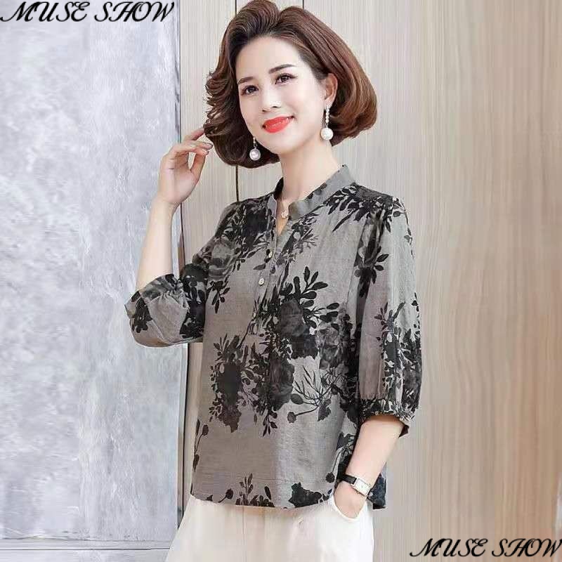 เสื้อเชิ้ตผ้าลินิน-คอตตอนแขนสั้นสำหรับผู้หญิงใหม่ประจำฤดูร้อนปี 2023 ทรงหลวมสบายๆ ลายพิมพ์ แฟชั่นอเนกประสงค์สำหรับคุณแม่วัยกลางคน