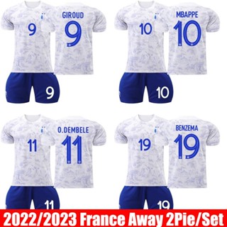 เสื้อกีฬาแขนสั้น ลายทีมชาติฟุตบอล France Away Jersey Giroud Mbappe Dembele Benzema ทรงหลวม 22-23 2 ชิ้น ต่อชุด