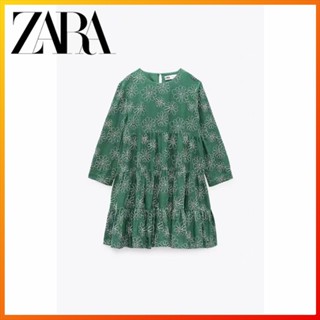 Zara ใหม่ ชุดเดรสสั้น ปักลาย สีเขียว แฟชั่นสไตล์เรโทร สําหรับผู้หญิง