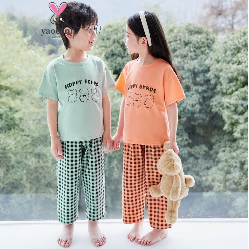 【YAOEENH】110-180 เด็กผู้ชาย เด็กผู้หญิง หมีน้อย ไลคร่า ผ้าฝ้าย แขนสั้น กางเกงขายาว