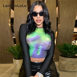 Lanlanlolo เสื้อยืดลําลอง แขนยาว คอกลม เข้ารูป สีตัดกัน แฟชั่นสําหรับสตรี 2023