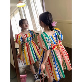 Girls Polka Dot Rainbow Dress Summer Dress New กระโปรงเจ้าหญิงแขนพัฟ