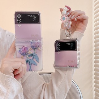 เคสโทรศัพท์มือถือ PC แข็ง กันกระแทก ลายดอกกุหลาบ พร้อมสายโซ่คล้อง สําหรับ Samsung Galaxy Z Flip 4 5G 3in1 Z Flip 3