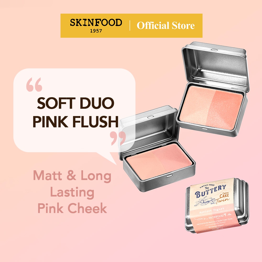 [SKINFOOD Official] บรัชออนเนื้อเค้ก 9.5g 2 สีในตลับเดียว สีคูลโทน &amp; วอร์มโทน  เนื้อแมท เนื้อบรัชนุ่ม สีสันสดใส ด้วยสีจากธรรมชาติ Buttery Cheek Cake Twin