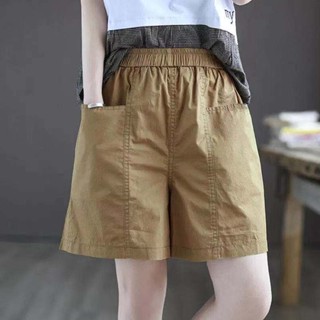 100% Cotton Official Picture Pocket Shorts Women Summer Straight Casual Wide Leg Pants Loose Elastic Waist