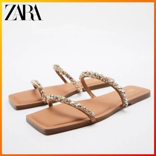 Zara รองเท้าแตะ ส้นแบน ประดับพลอยเทียม สไตล์ฝรั่งเศส เหมาะกับฤดูร้อน สําหรับผู้หญิง