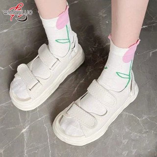 QiaoYiLuo นิ้วเท้ารอบเปิดนิ้วเท้ารองเท้าลำลองรองเท้าแตะ Velcro ละลายใหม่สีทึบสบาย ๆ หนา Soled รองเท้าชายหาด