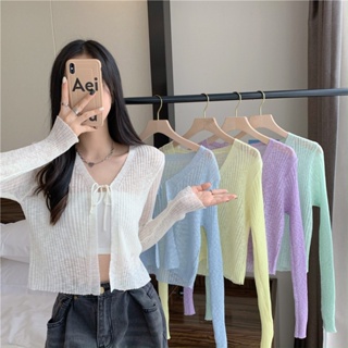 WANG JIAO ZHAN เสื้อสเวตเตอร์ถักกันแดดแบบผูกเน็คไทสีทึบ