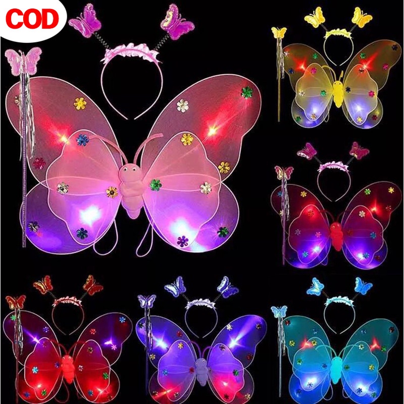 COD เซ็ทของเล่น ปีกผีเสื้อเรืองแสง LED ชุดปีกผีเสื้อนางฟ้า ที่คาดผม ชุด 3 ชิ้น ปีกผีเสื้อ เด็ก