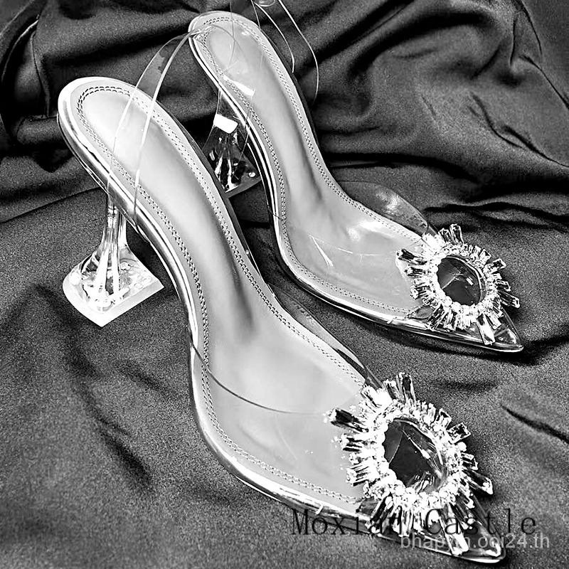 ☘️พร้อมสำหรับการจัดส่ง☘️ รองเท้ายางคัชชู รุ่นรัดส้นรองเท้าส้นตึกสำหรับผู้หญิง แบบซิลิโคน ยืดหยุ่น คริสตัล ส้นสูง35-40 M92136