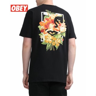 Obey เสื้อยืด แขนสั้น พิมพ์ลายดอกไม้ ทรงหลวม สไตล์อเมริกัน เหมาะกับฤดูร้อน สําหรับผู้ชาย