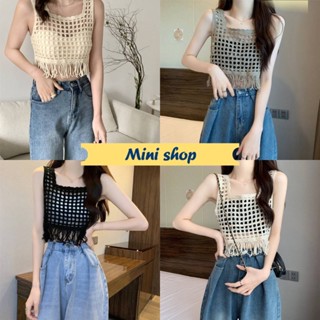 Mini shop🌸พร้อมส่ง🌸 (11507-2) เสื้อกล้ามถักไหมพรม ตาข่ายเล็กๆ ดีเทลปลายปล่อยระบายเก๋มาก