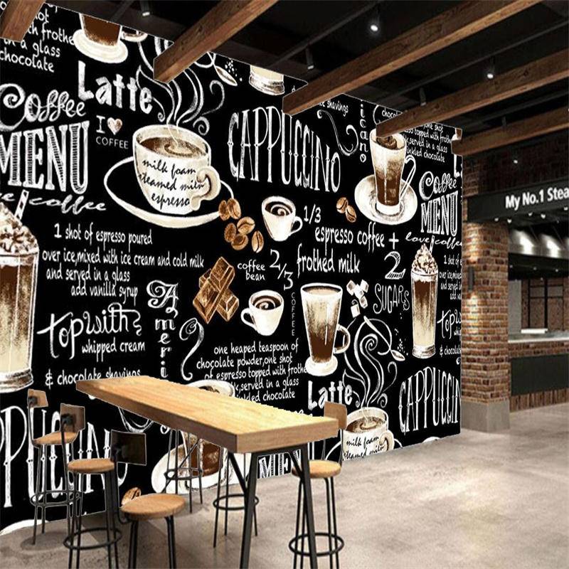 ที่กําหนดเองกระดานดําวอลล์เปเปอร์กาแฟตกแต่งอุตสาหกรรมภาพจิตรกรรมฝาผนังร้านอาหารคาเฟ่โรงแรมร้านเค้กพื้นหลังสติ๊กเกอร์ติดผนัง