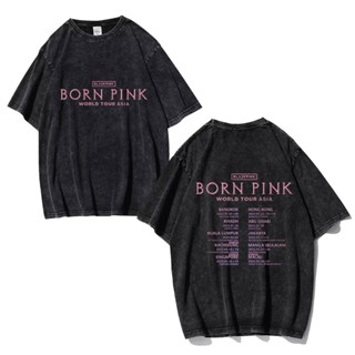 KPOP BLACKPINK BORN PINK WORLD TOUR ASIA Cotton T-shirt Men and Women Oversize High Street Retro Washed Short-sleeved