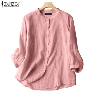 Zanzea เสื้อเชิ้ตลําลอง คอตั้ง แขน 3/4 สีพื้น สไตล์เกาหลี สําหรับผู้หญิง