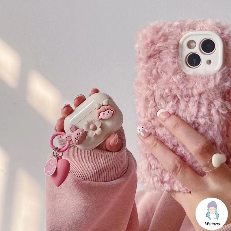 เคสหูฟังบลูทูธไร้สาย แบบนิ่ม ลายดอกไม้ กระต่าย 3D สีชมพู สําหรับ Airpods 1 2 3 pro 2