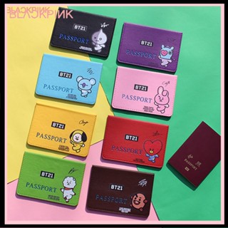 [BTS] Fashion BTS Cartoon Print Faux Leather Passport Cover Holder Protective Case