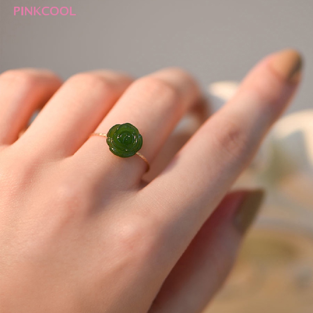 Pinkcool แหวนนิ้วมือ รูปดอกกุหลาบ ดอกคามิเลีย สีเขียว เครื่องประดับแฟชั่น สําหรับผู้หญิง งานแต่งงาน ของขวัญ ขายดี