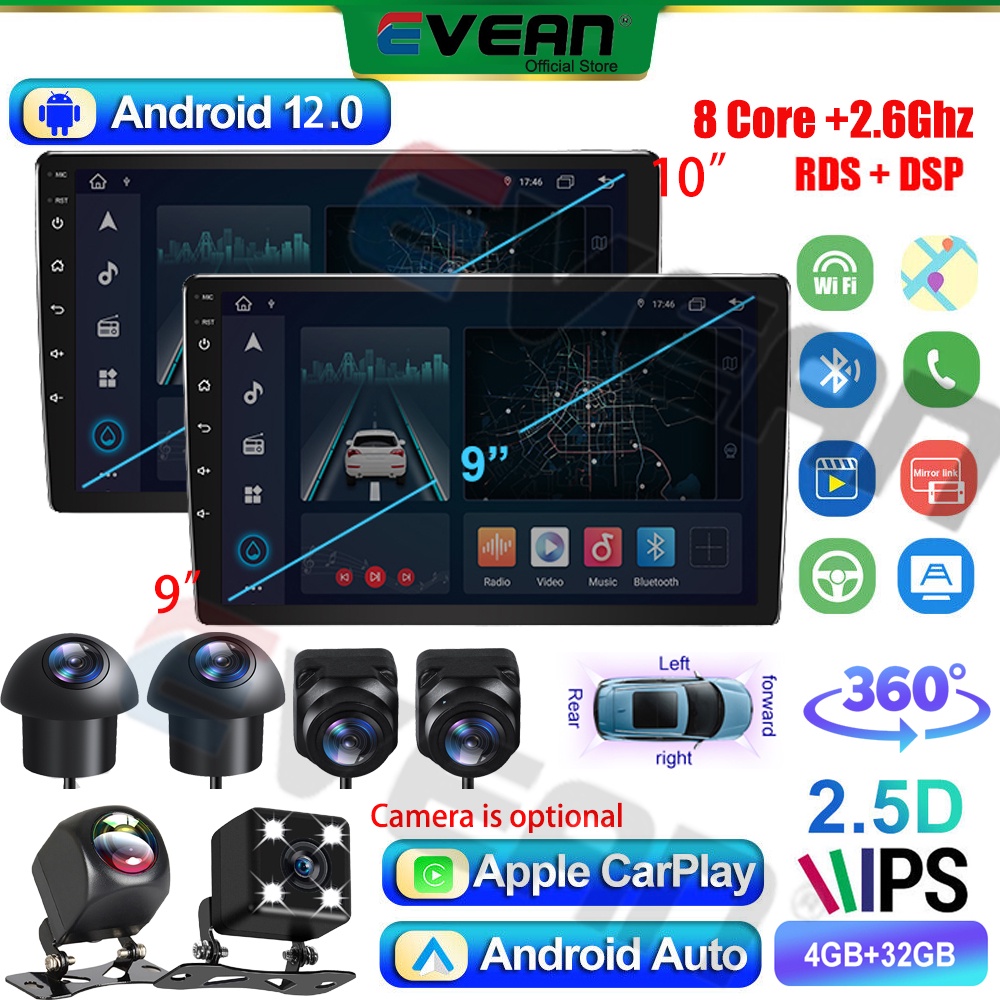 Evean 【8Core 4+32GB】เครื่องเล่น CarPlay หน้าจอ IPS 9 นิ้ว 10 นิ้ว Android12 พร้อม 360°วิทยุมัลติมีเดีย MP5 พาโนรามา 2Din WIFI Waze/GPS 2.6Ghz พร้อมกล้อง