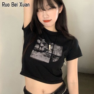 RUO BEI XAUN 2023 ฤดูร้อนใหม่เสื้อยืดแขนสั้นพิมพ์ลายสไตล์เกาหลี