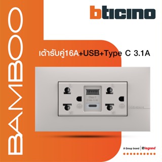 BTicino เต้ารับ USB Type A+C+เต้ารับคู่ 3ขา สีเบจDuplex Socket 2P+E +USB Charger Type A+C 2Ports BEIGE|Bamboo|AE4185ACEH