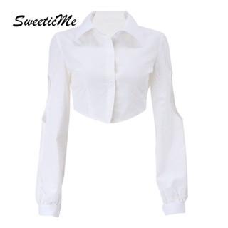 Sweeticme ใหม่ เสื้อเชิ้ตลําลอง แขนยาว สีพื้น ทรงสลิมฟิต เซ็กซี่ แฟชั่นสําหรับสตรี 2022