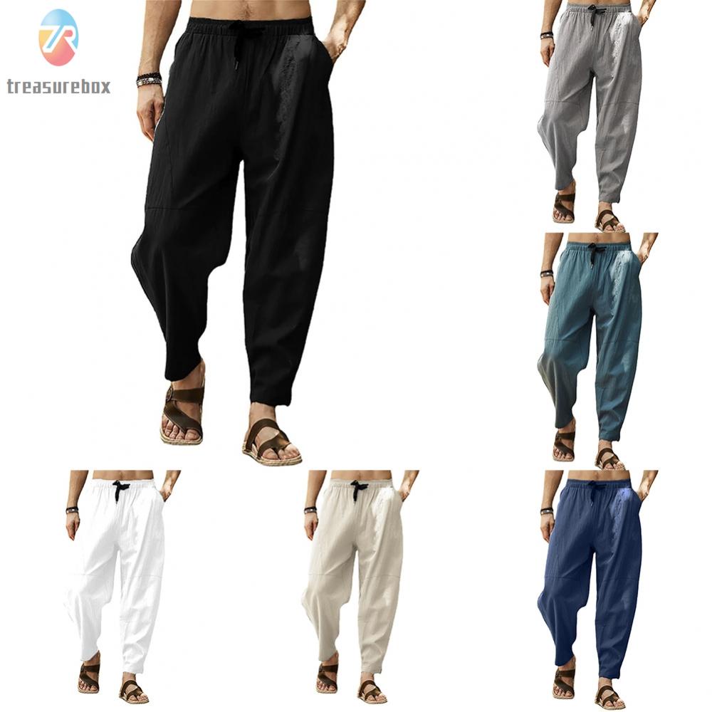 TRSBX ร้อน กางเกงผู้ชาย Comfort ผ้าฝ้ายลินินเอวยางยืดกางเกงฮาเร็ม Joggers M-3XL