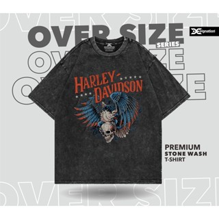 ขายเสื้อยืด ขนาดใหญ่ พิมพ์ลายรถจักรยานยนต์ Harley DAVIDSON Stone Wash สําหรับผู้ชาย（S-5XL）