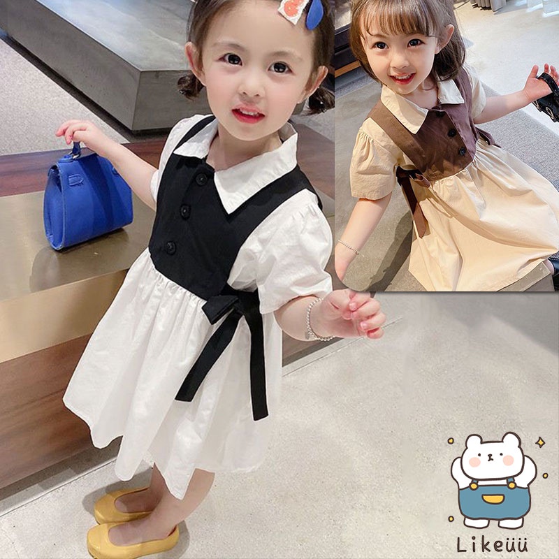 พร้อมส่ง ชุดกระโปรงเด็กน่ารัก ดีไซน์คอปก ผูกโบว์คิวท์ๆ มีสีดำและน้ำตาล