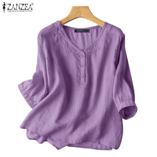 ZANZEA Women Retro Daily 3/4 Sleeve V Neck Lace Embroidery Shirt