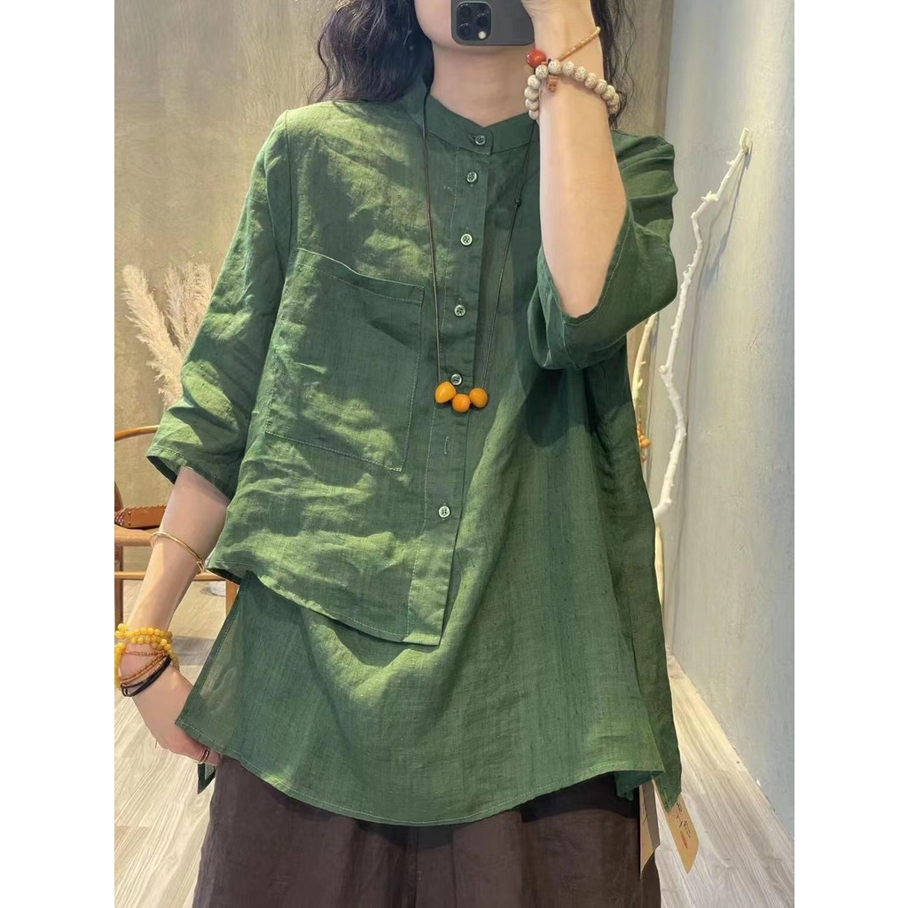 เสื้อเชิ้ตแขนสามส่วน ผ้าฝ้าย และผ้าลินิน ทรงหลวม ทรงพิเศษ สไตล์เรโทร สําหรับผู้หญิง