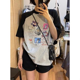 100% pure cotton black gray cute rabbit short-sleeved t-shirt female summer Korean version loose top T